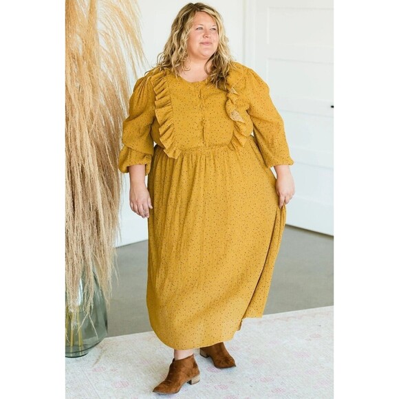 HAYDEN LOS ANGELES Mustard Yellow Maxi Dress Sz L Chiffon Ruffles Cottage Core - Picture 1 of 12